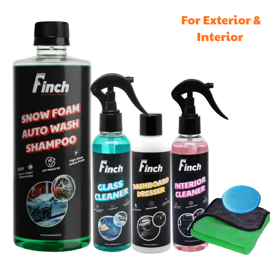Set of aautofinch car care products including snow foam auto wash shampoo, glass cleaner, dashboard dresser, interior cleaner, and cleaning tools on a white background.