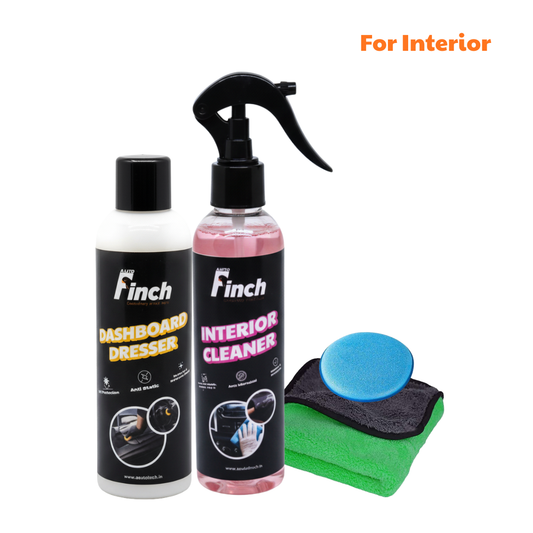 aautofinch interior cleaning products including a spray bottle, a cloth, and a dashboard cleaner on a white background.