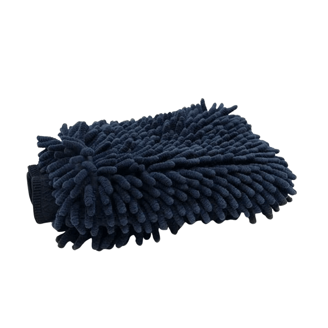 Black microfiber cleaning glove on a white background
