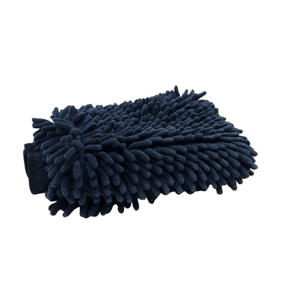 Black microfiber cleaning glove on a white background